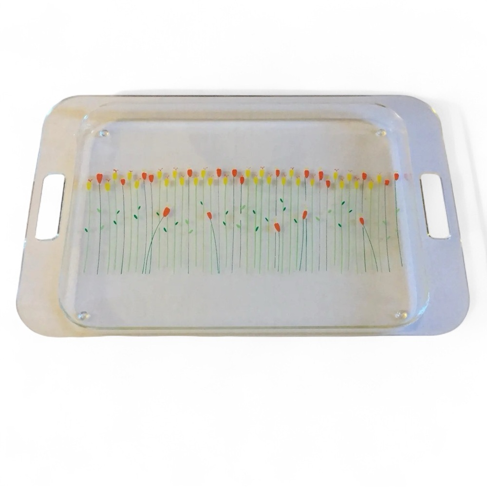 1950s Mid-Century Modern Acrylic Lucite Tray With Floral Tulips Motif Vintage